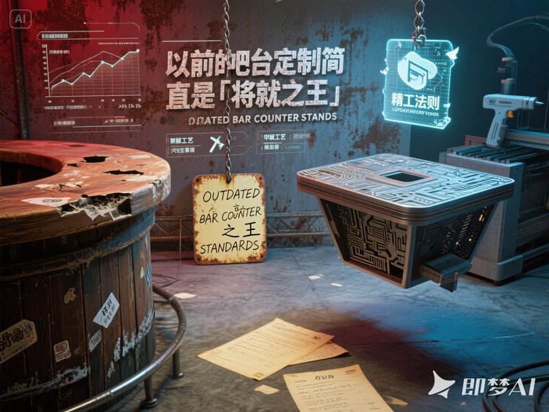 jimeng-2025-05-28-275-_以前的吧台定制简直是「将就之王」___OUTDATED BAR COUNTER STANDARDS_，复刻年代碰撞金属科幻风格，斑驳铁锈背景嵌合发光电路板....jpeg